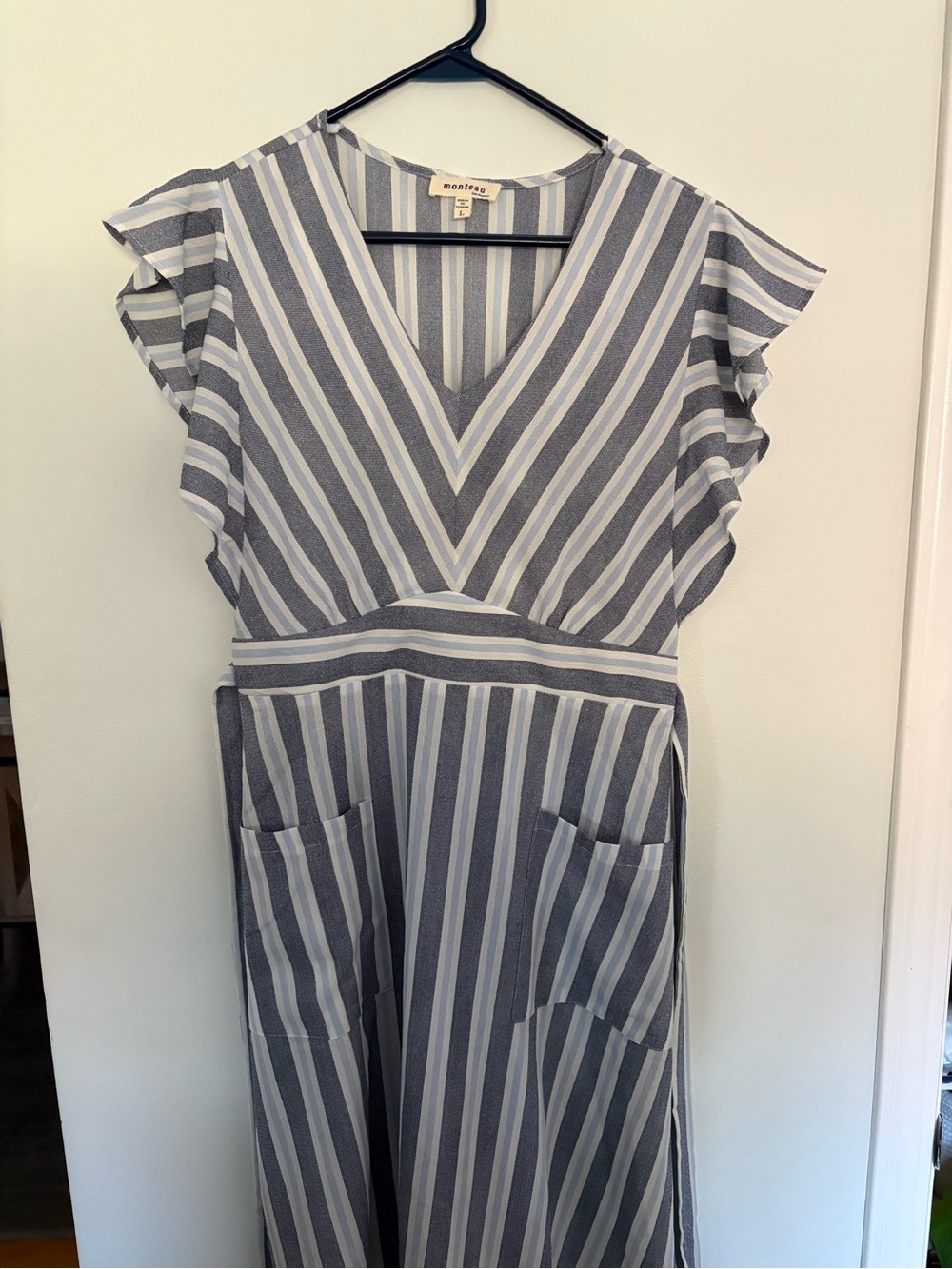 Monteau Blue and White Striped V-Neck Midi Dress with Pockets